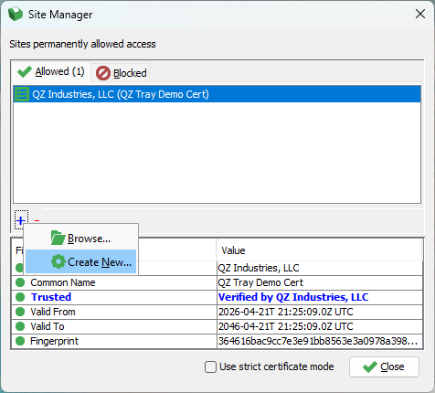 QZ Tray Site Manager with the Create New certificate action highlighted